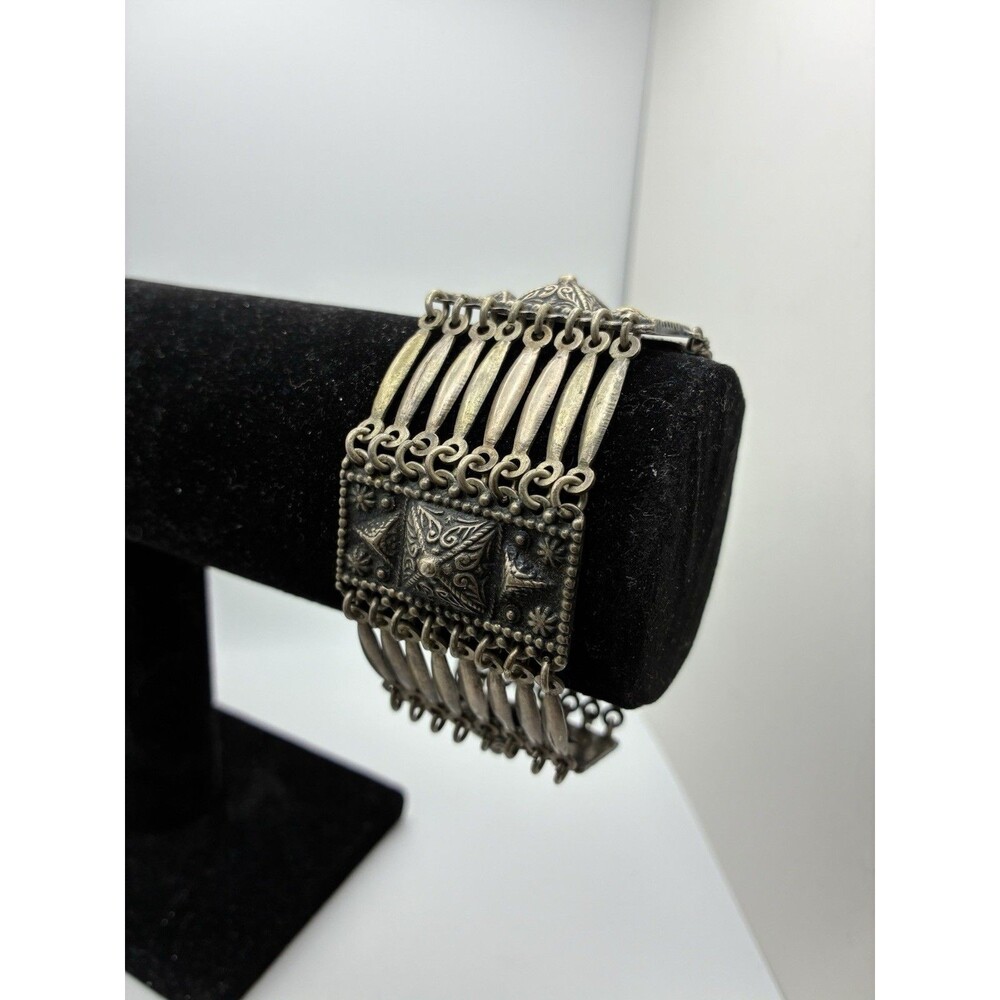 Mexican Geometric Panel Chain Link (71.3gm) 1920-40 Sterling Silver Bracelet VTG